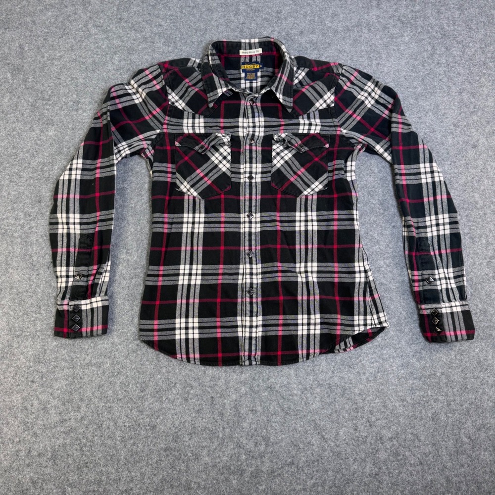 Ralph Lauren Rugby Womens Skinny Fit Plaid Flannel Studded Western Shirt Black